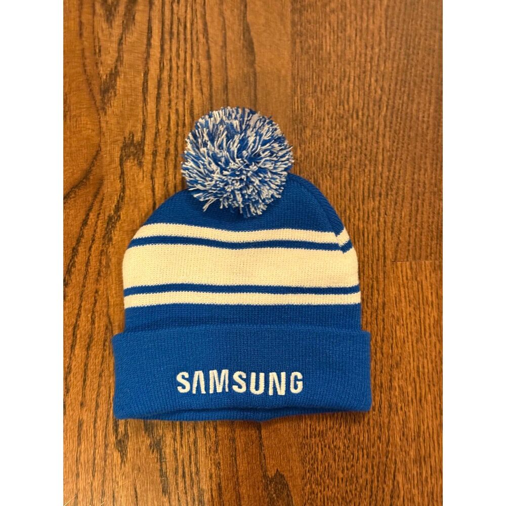 Samsung Blue White Pom Pom Cuffed Knit Beanie Logo Winter Hat